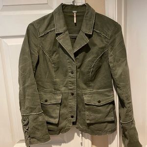 Free People olive military ruffle twill jacket. Size S